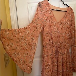 Peach Floral V-Neck Long Sleeve Dress